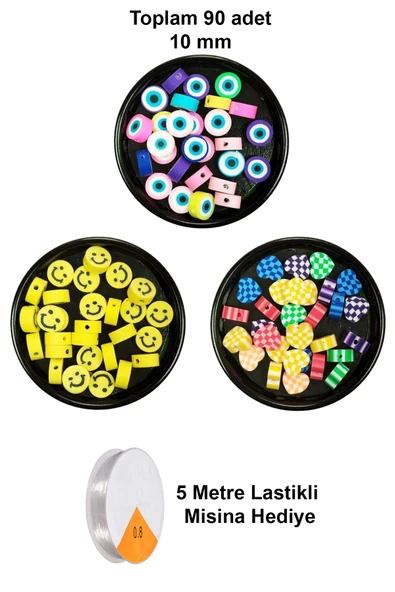 90 Adet 10 mm Polimer Kil Fimo Boncuk Takı Bileklik + 5 Metre Misina Hediye - Smile - Kalp - Nazar ürün görseli 1