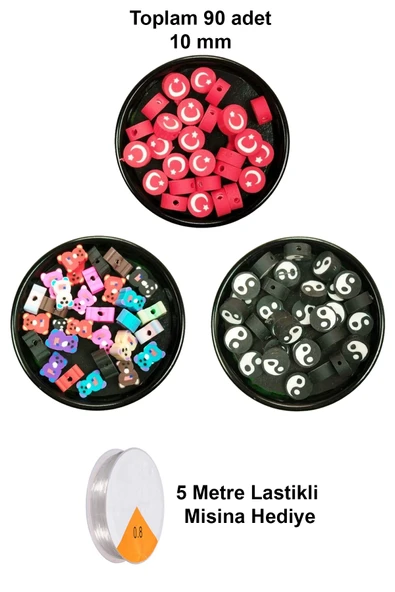 90 Adet 10 mm Polimer Kil Fimo Boncuk Takı Bileklik + 5 Metre Misina Hediye - Ayıcık - Bayrak - Yin Yang ürün görseli 1