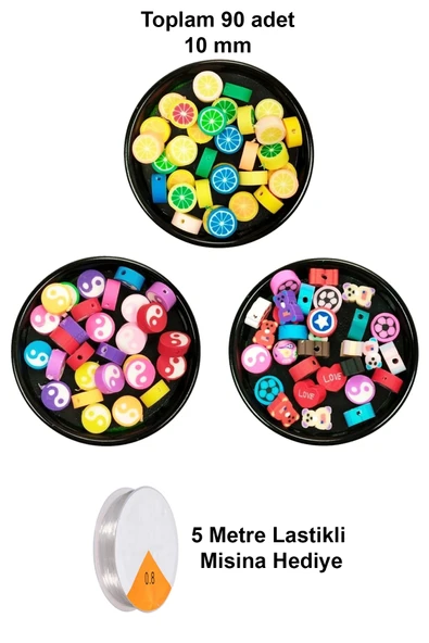 90 Adet 10 mm Polimer Kil Fimo Boncuk Takı Bileklik + 5 Metre Misina Hediye - Yin Yang - Karışık - Limon ürün görseli 1
