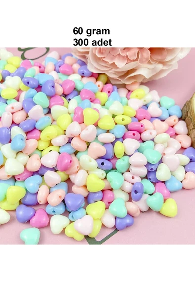 60 gr (300 adet) Şeker Rengi Akrilik Kalp Boncuklar Renkli Karışık Plastik Pastel Boncuklar Ara Boncuk Kalp Şekilli Koly ürün görseli 1