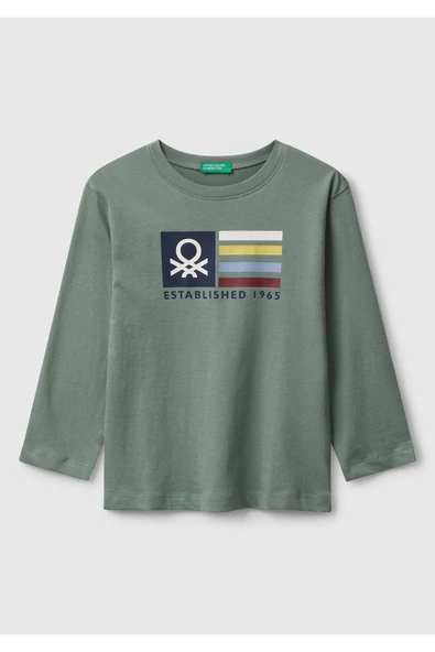 Erkek Çocuk Organik Pamuklu Önü Logo Baskılı Uzun Kollu Jarse T-shirt ürün görseli 1