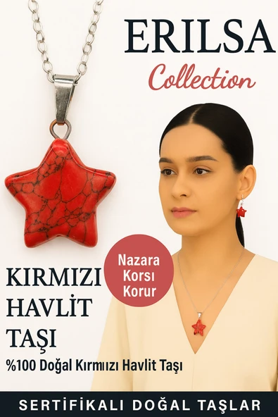 Sertifikalı Yıldız Model Kırmızı Havlit Doğal Taş Kolye – Nazara Karşı Korur ürün görseli 1