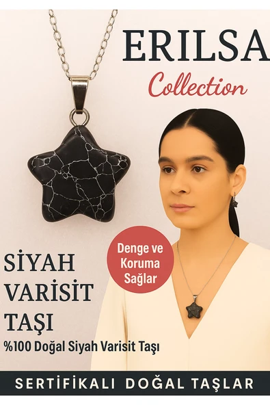 Sertifikalı Yıldız Model Siyah Varisit Doğal Taş Kolye – Denge ve Koruma Sağlar ürün görseli 1