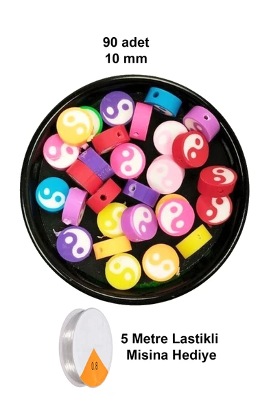 90 Adet 10 mm Polimer Kil Fimo Boncuk Takı Bileklik + 5 Metre Lastikli Misina Hediye - Renkli Yin Yang ürün görseli 1