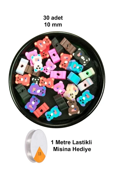 30 Adet 10 mm Polimer Kil Fimo Boncuk Takı Bileklik + 1 Metre Lastikli Misina Hediye - Renkli Ayıcık ürün görseli 1