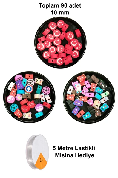 90 Adet 10 mm Polimer Kil Fimo Boncuk Takı Bileklik + 5 Metre Misina Hediye - Karışık - Bayrak - Ayıcık ürün görseli 1