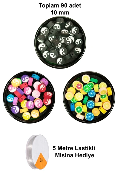 90 Adet 10 mm Polimer Kil Fimo Boncuk Takı Bileklik + 5 Metre Misina Hediye - Yin Yang - Yin Yang - Limon ürün görseli 1