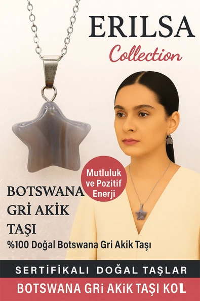 Sertifikalı Yıldız Model Botswana Gri Akik Doğal Taş Kolye – Mutluluk ve Pozitif Enerji ürün görseli 1