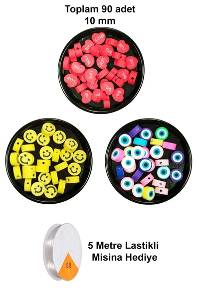 90 Adet 10 mm Polimer Kil Fimo Boncuk Takı Bileklik + 5 Metre Misina Hediye - Smile - Nazar - Love ürün görseli 1