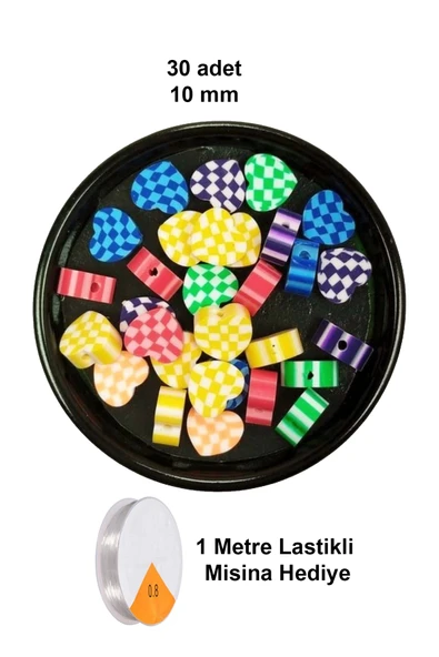 30 Adet 10 mm Polimer Kil Fimo Boncuk Takı Bileklik + 1 Metre Lastikli Misina Hediye - Desenli Kalp ürün görseli 1