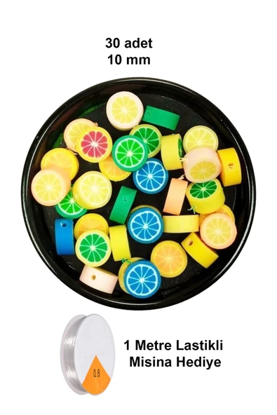 30 Adet 10 mm Polimer Kil Fimo Boncuk Takı Bileklik + 1 Metre Lastikli Misina Hediye - Renkli Limon ürün görseli 1