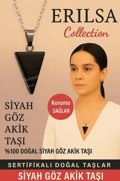Sertifikalı Piramit Model Siyah Göz Akik Taşı Kolye - Koruma Sağlayan Doğal Taş ürün görseli 1