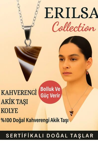 Sertifikalı Piramit Model Kahverengi Akik Taşı Kolye - Bolluk ve Güç Veren Doğal Taş Takı ürün görseli 1
