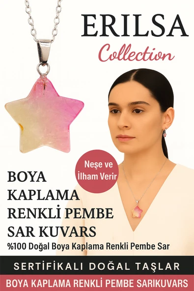 Sertifikalı Yıldız Model Boya Kaplama Renkli Pembe Sarı Kuvars Doğal Taş Kolye ürün görseli 1