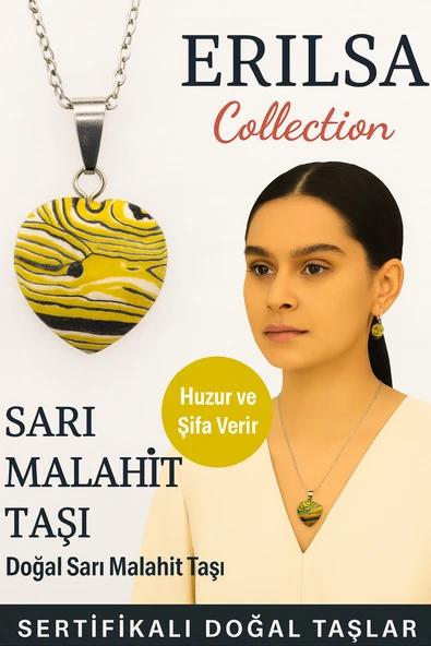Sertifikalı Kalp Model Sarı Malahit Doğal Taş Kolye – Huzur ve Şifa Verir ürün görseli 1