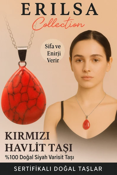 Sertifikalı Damla Model Kırmızı Havlit Taşı Kolye - Şifa ve Enerji Veren Doğal Taş ürün görseli 1
