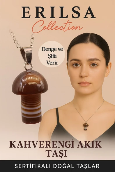 Sertifikalı Mantar Model Kahverengi Akik Taşı Kolye - Denge ve Şifa Veren Doğal Taş ürün görseli 1