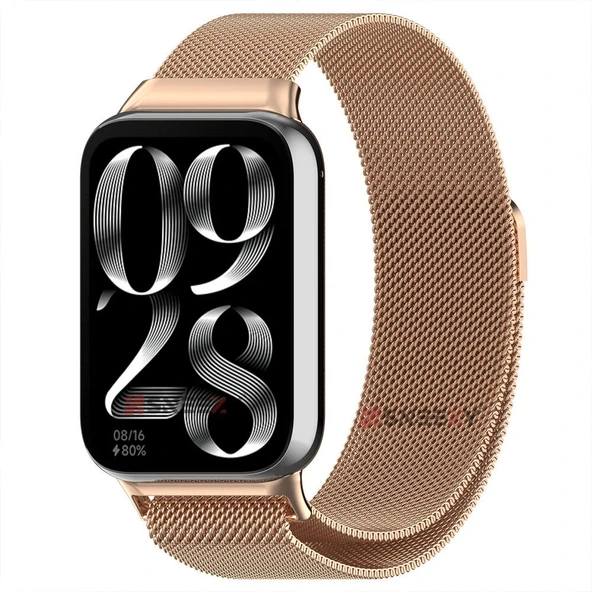Sneezy Xiaomi Mi Band 8 Pro Uyumlu Woven Wire Tasarım Metal Hasır Kordon  Rose Gold ürün görseli 1