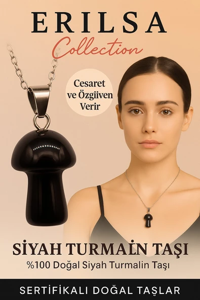 Sertifikalı Mantar Model Siyah Turmalin Taşı Kolye - Cesaret ve Özgüven Veren Doğal Taş ürün görseli 1