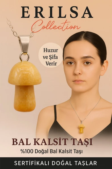 Sertifikalı Mantar Model Bal Kalsit Taşı Kolye Huzur ve Şifa Veren Doğal Taş ürün görseli 1