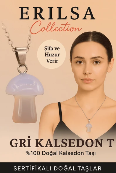 Sertifikalı Mantar Model Gri Kalsedon Taşı Kolye Huzur ve Denge Veren Doğal Kolye ürün görseli 1