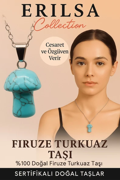 Sertifikalı Mantar Model Firuze Turkuaz Taşı Kolye - Cesaret ve Özgüven Veren Doğal Kolye ürün görseli 1