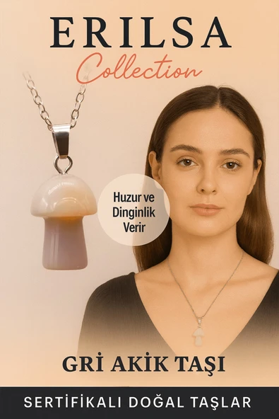 Sertifikalı Mantar Model Gri Akik Taşı Kolye - Huzur ve Dinginlik Veren Doğal Taş ürün görseli 1