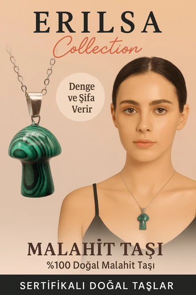 Sertifikalı Mantar Model Malahit Taşı Kolye - Denge ve Şifa Veren Doğal Taş Kolye ürün görseli 1