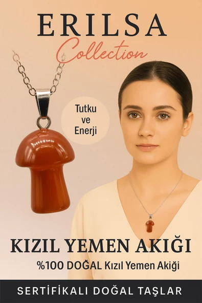 Sertifikalı Mantar Model Kızıl Yemen Akik Taşı Kolye - Tutku ve Enerji Veren Doğal Taş ürün görseli 1