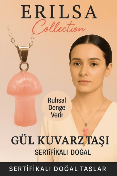 Sertifikalı Mantar Model Gül Kuvars Taşı Kolye - Ruhsal Denge Veren Doğal Taş Kolye ürün görseli 1