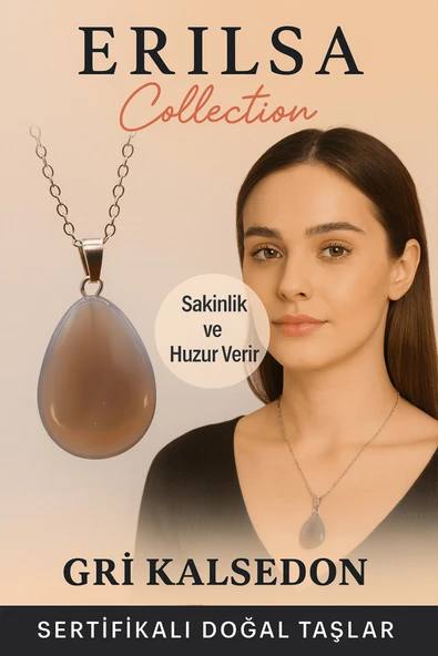 Sertifikalı Damla Model Gri Kalsedon Taşı Kolye - Sakinlik ve Huzur Veren Doğal Taş ürün görseli 1