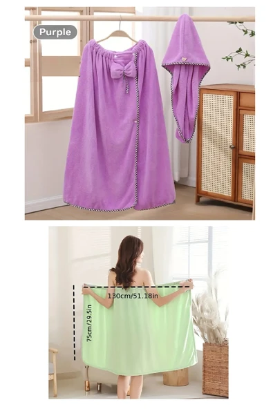 2 Parça Mor Banyo Bornoz Havlu Seti Havlu Etek %100 Polyester, Yumuşak Hızlı Kuruyan, Süper Emici Çıtçıtlı Banyo Robası ürün görseli 1