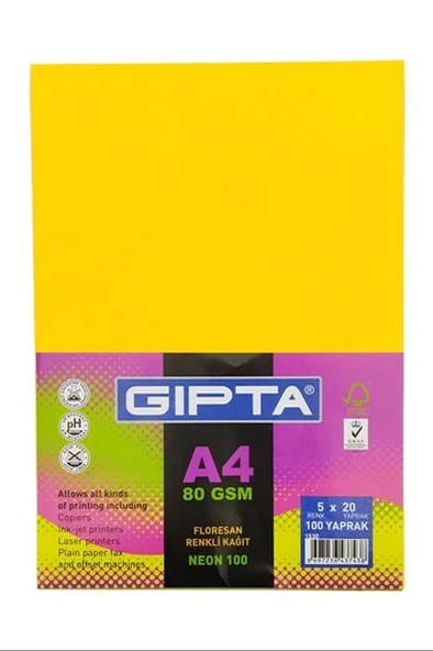 Gıpta 1530 A4 5 Neon Renk 100 lü Fotokopi Kağıdı ürün görseli 1