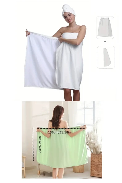 2 Parça Beyaz Banyo Bornoz Havlu Seti Havlu Etek %100 Polyester, Yumuşak Hızlı Kuruyan, Süper Emici Çıtçıtlı Banyo Robası ürün görseli 1