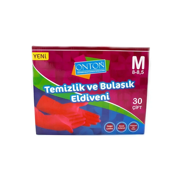 Onton Bulaşık ve Temizlik Eldiveni 30 Çift M Beden (8 - 8,5) Kırmızı Lateks ürün görseli 1
