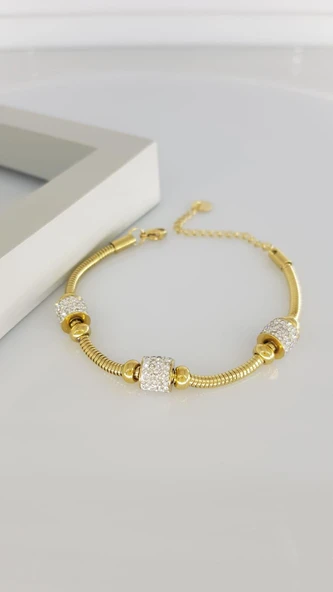 Taşlı Zincir Gold Çelik Bileklik - Resim 2