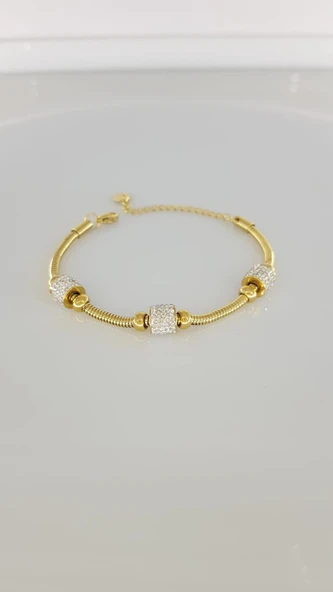Taşlı Zincir Gold Çelik Bileklik - Resim 3