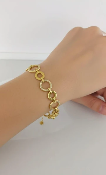 Halka Taşlı Gold Çelik Bileklik - Resim 2