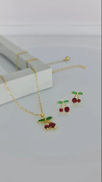 Kiraz Gold Kolye Küpe Çelik Takı Seti ürün görseli 1