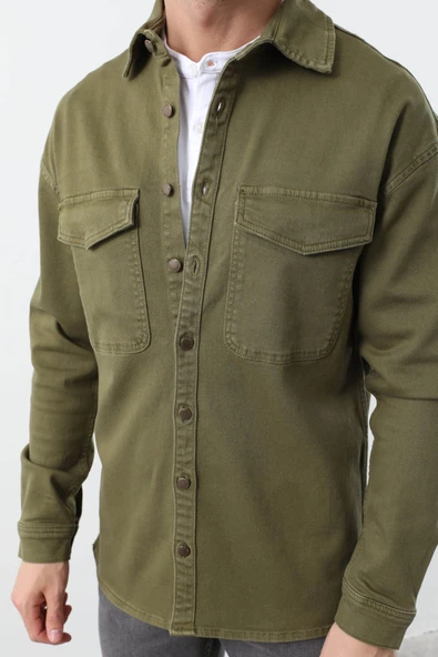 Erkek Oversize Jean Gömlek Haki - Resim 7