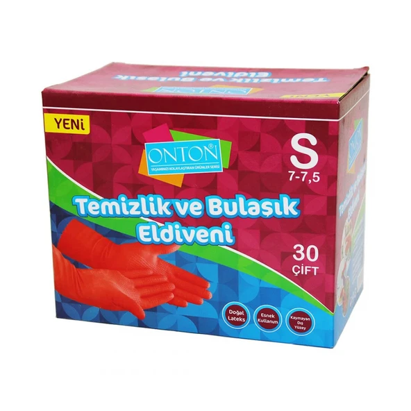 Onton Bulaşık ve Temizlik Eldiveni 30 Çift S Beden (7 - 7,5) Kırmızı Lateks ürün görseli 1