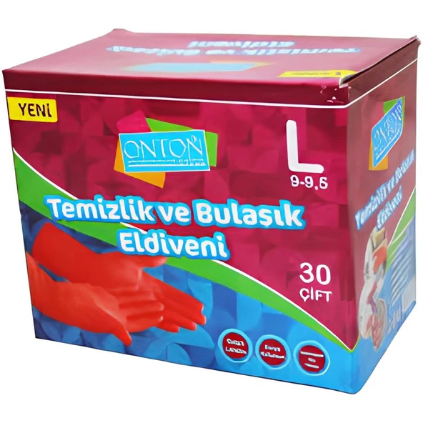 Onton Bulaşık ve Temizlik Eldiveni 30 Çift L Beden (9 - 9,5) Kırmızı Lateks ürün görseli 1