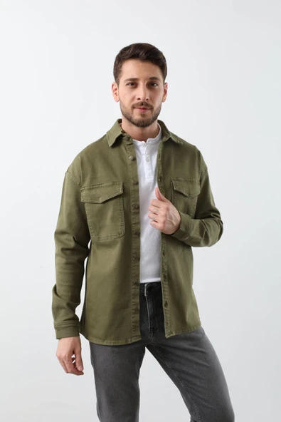 Erkek Oversize Jean Gömlek Haki - Resim 3