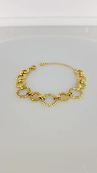 Halka Taşlı Gold Çelik Bileklik - Resim 3