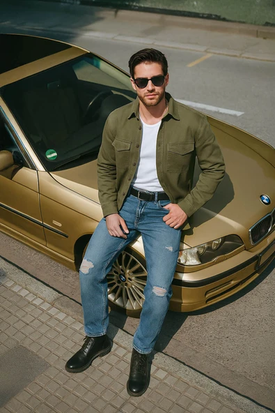 Erkek Oversize Jean Gömlek Haki ürün görseli 1
