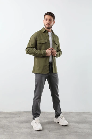 Erkek Oversize Jean Gömlek Haki - Resim 5
