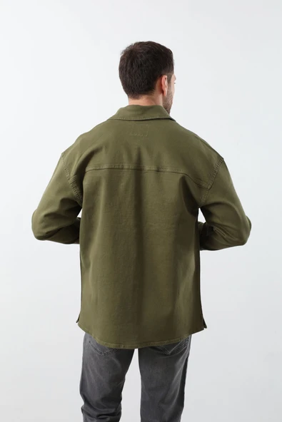 Erkek Oversize Jean Gömlek Haki - Resim 6