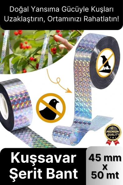 Premium Dayanıklı Yansıtıcı Kuş Kondurmaz Uzaklaştırıcı Hologramlı Kuşsavar Şerit Bant 45 mm x 50 mt ürün görseli 1