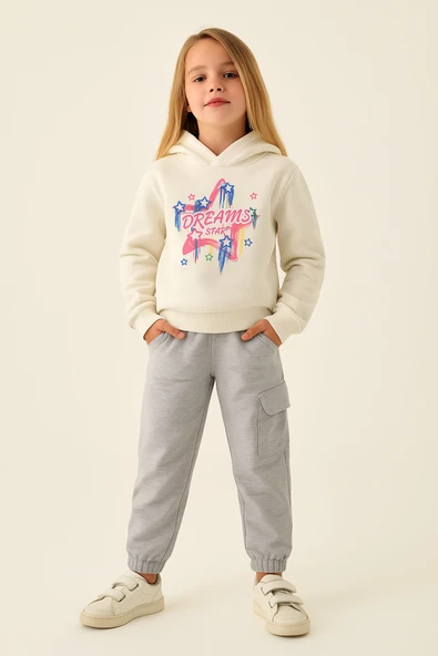 ESİLA KİDS Kız Çocuk Takım Kapüşonlu Sweatshirt ve Kargo Cepli Eşofman Altı 2’li Spor Kombin 4-8 yaş ürün görseli 1