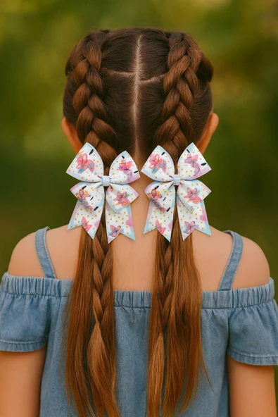 ESİLA KİDS Kız Çocuk Toka Unicorn Desenli Fiyonk 2’li Set, Renkli Saç Aksesuarı ürün görseli 1